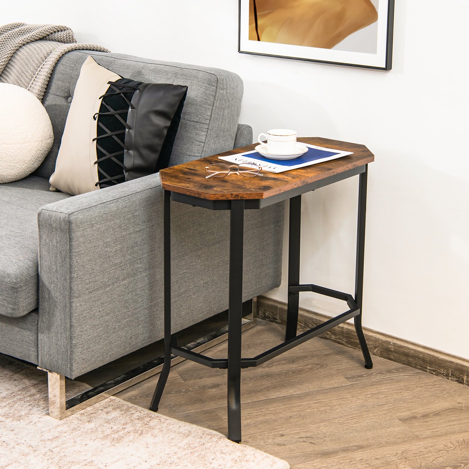 Slickblue Rustic 25.5W x 24.5H Brown Engineered Wood Octagonal Narrow End Table with Stable Steel Frame for Sofa Side or Bedside - Assembly Required - Image 8