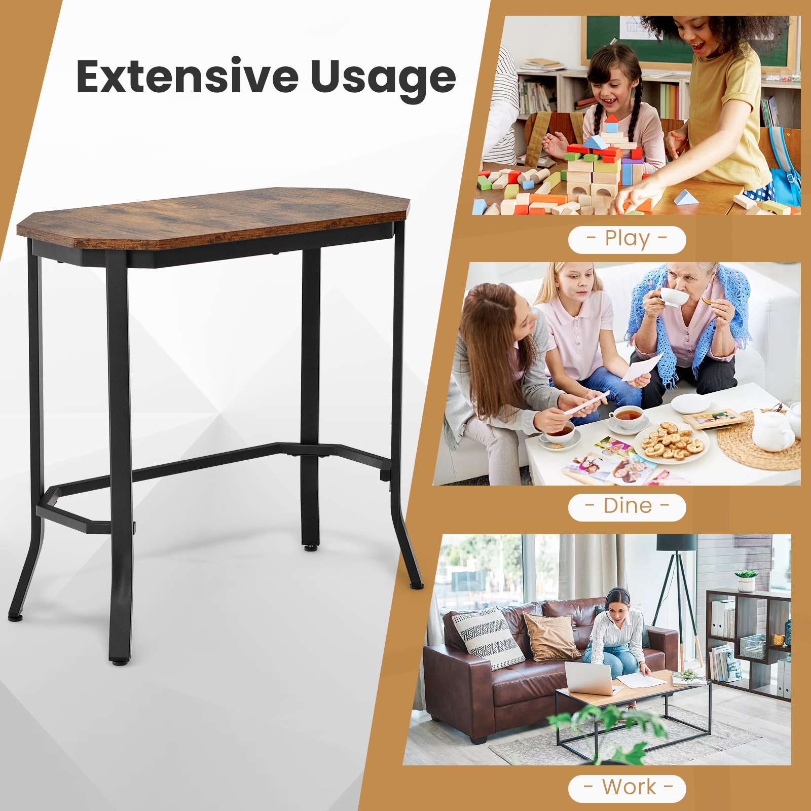 Slickblue Rustic 25.5W x 24.5H Brown Engineered Wood Octagonal Narrow End Table with Stable Steel Frame for Sofa Side or Bedside - Assembly Required - Image 7