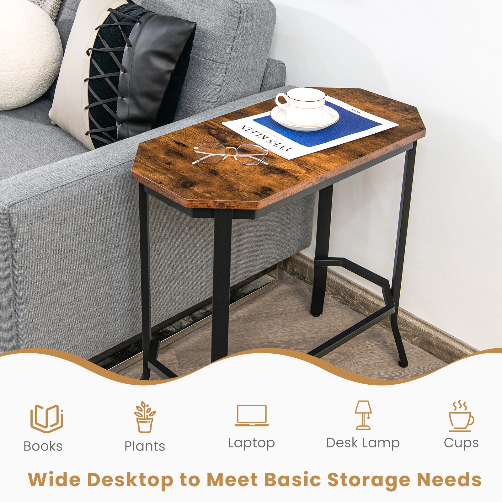 Slickblue Rustic 25.5W x 24.5H Brown Engineered Wood Octagonal Narrow End Table with Stable Steel Frame for Sofa Side or Bedside - Assembly Required - Image 4