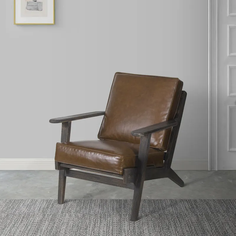 Handcrafted Amber Accent Chair with Slatted Mango Wood, Buffalo Leather Cushions, and Angled Legs - Image 5