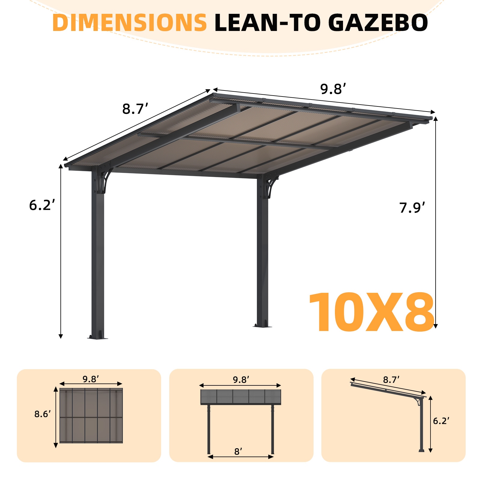 AECOJOY 10' x 8' Free Standing Lean to Gazebo Pergola with Patio Roof - Image 5