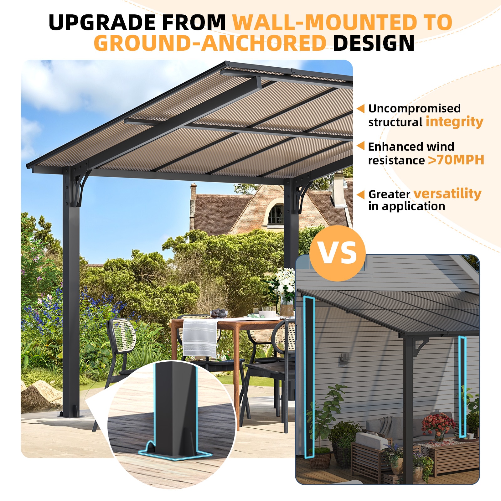 AECOJOY 10' x 8' Free Standing Lean to Gazebo Pergola with Patio Roof - Image 3