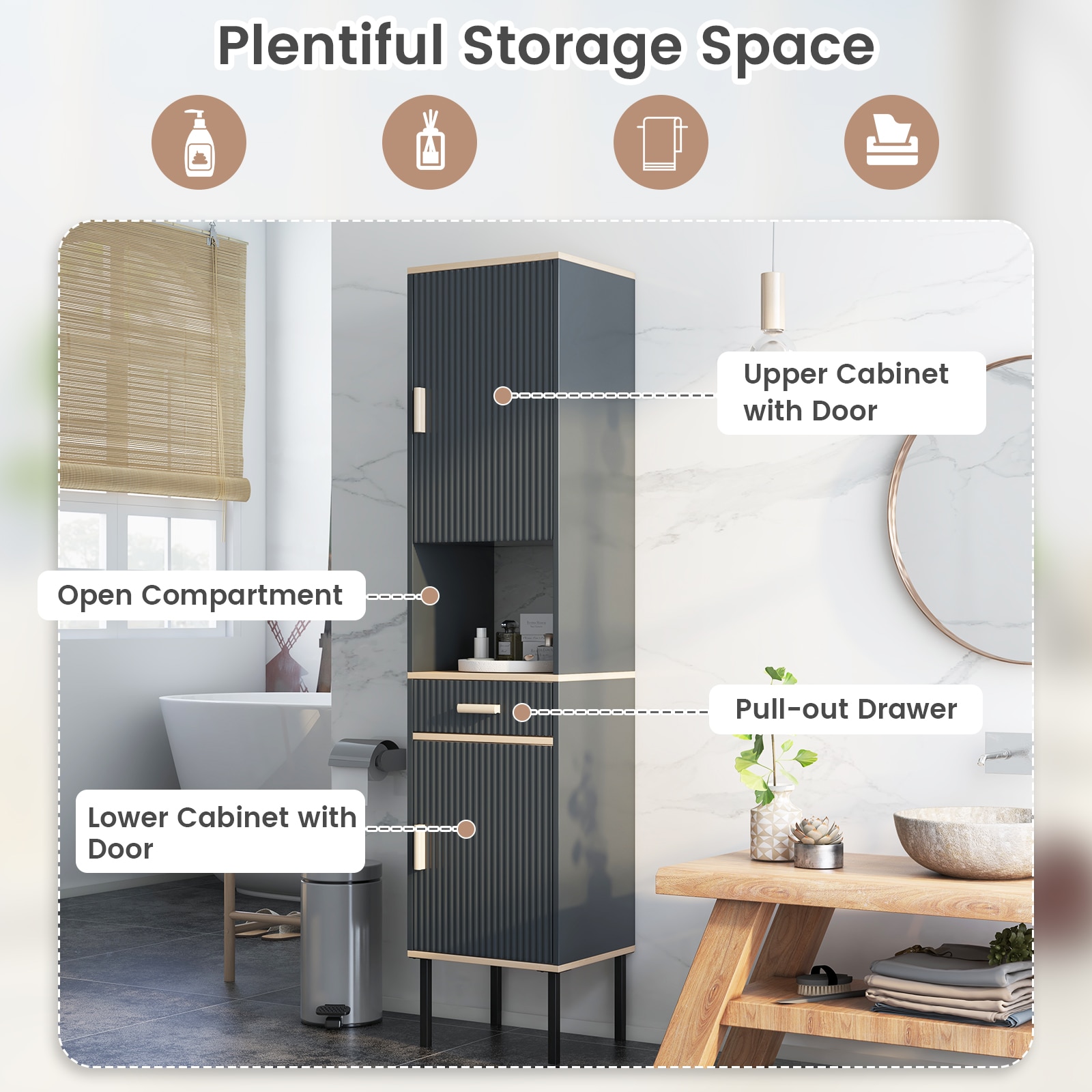 Slickblue Narrow Freestanding Storage Cabinet with 2 Doors and Open Compartment - 16x14x70 Gray Linen Cabinet for Bathroom Living Room and Kitchen - Image 6