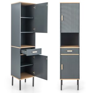 Slickblue Narrow Freestanding Storage Cabinet with 2 Doors and Open Compartment - 16x14x70 Gray Linen Cabinet for Bathroom Living Room and Kitchen