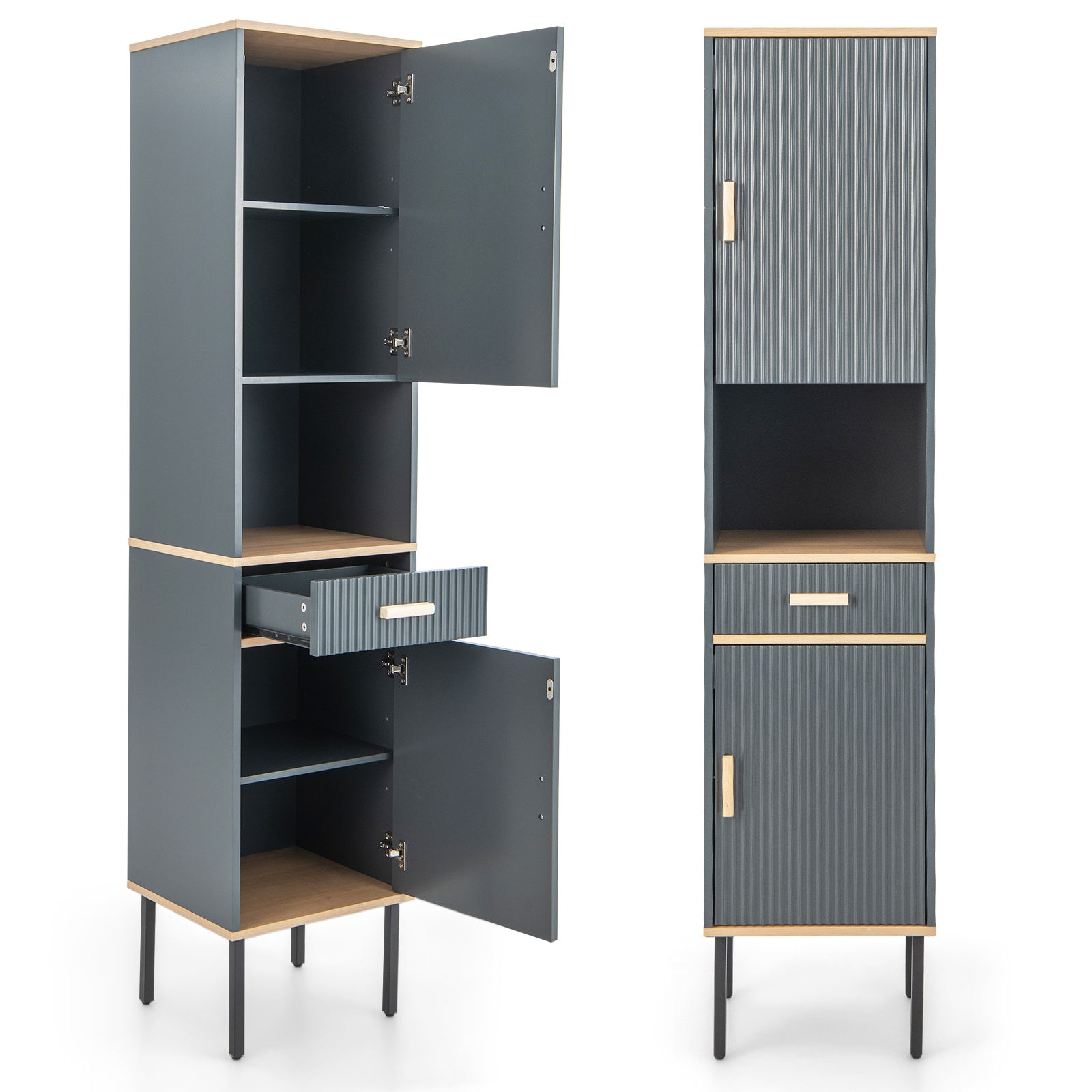 Slickblue Narrow Freestanding Storage Cabinet with 2 Doors and Open Compartment - 16x14x70 Gray Linen Cabinet for Bathroom Living Room and Kitchen