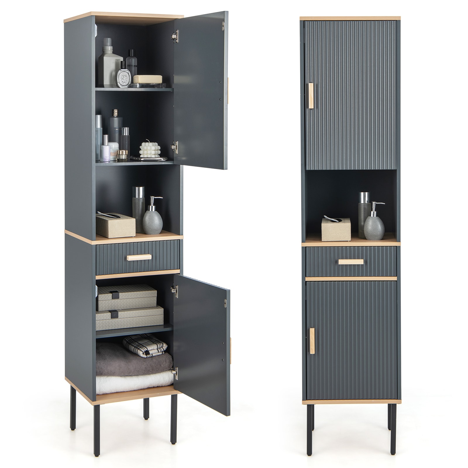 Slickblue Narrow Freestanding Storage Cabinet with 2 Doors and Open Compartment - 16x14x70 Gray Linen Cabinet for Bathroom Living Room and Kitchen - Image 7