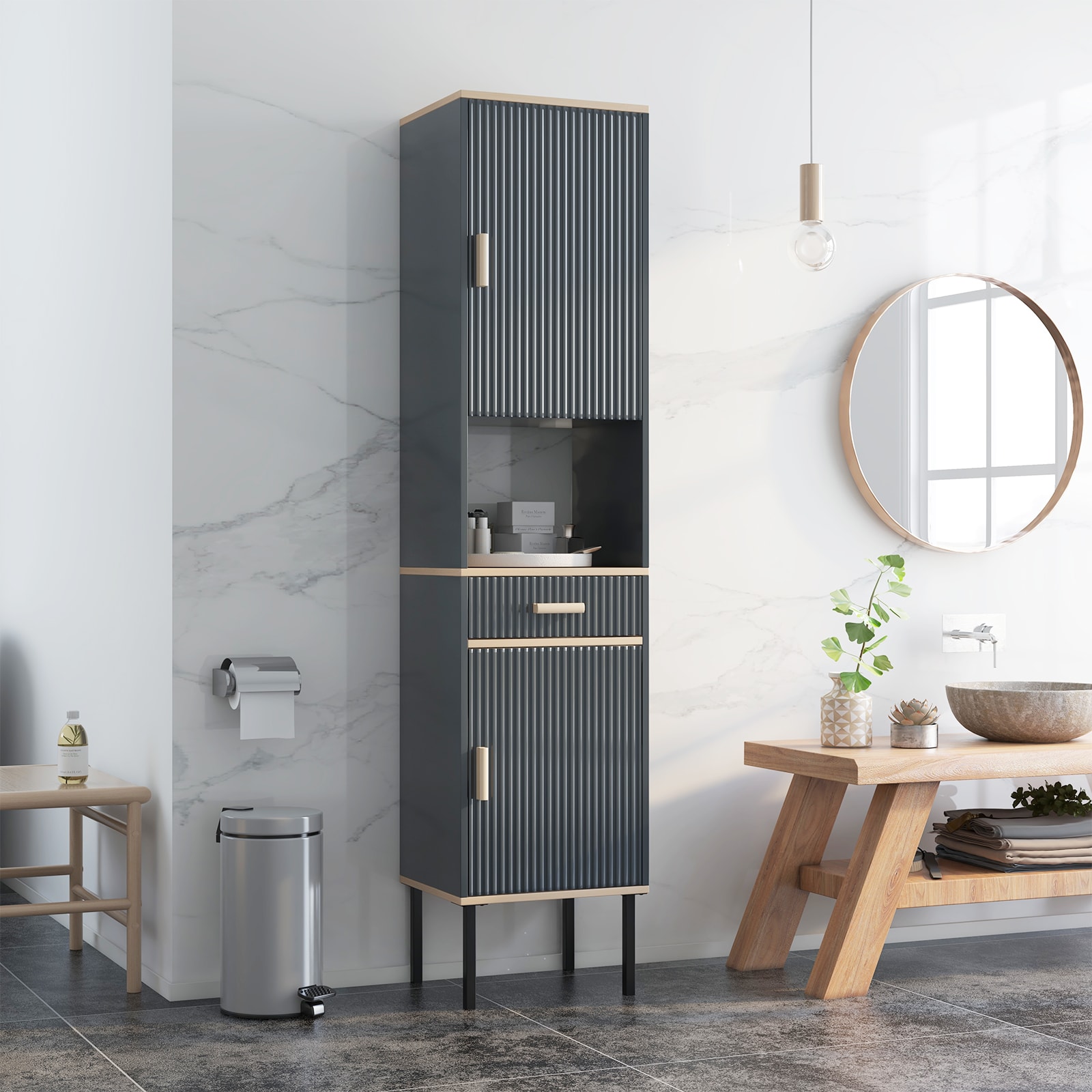 Slickblue Narrow Freestanding Storage Cabinet with 2 Doors and Open Compartment - 16x14x70 Gray Linen Cabinet for Bathroom Living Room and Kitchen - Image 2