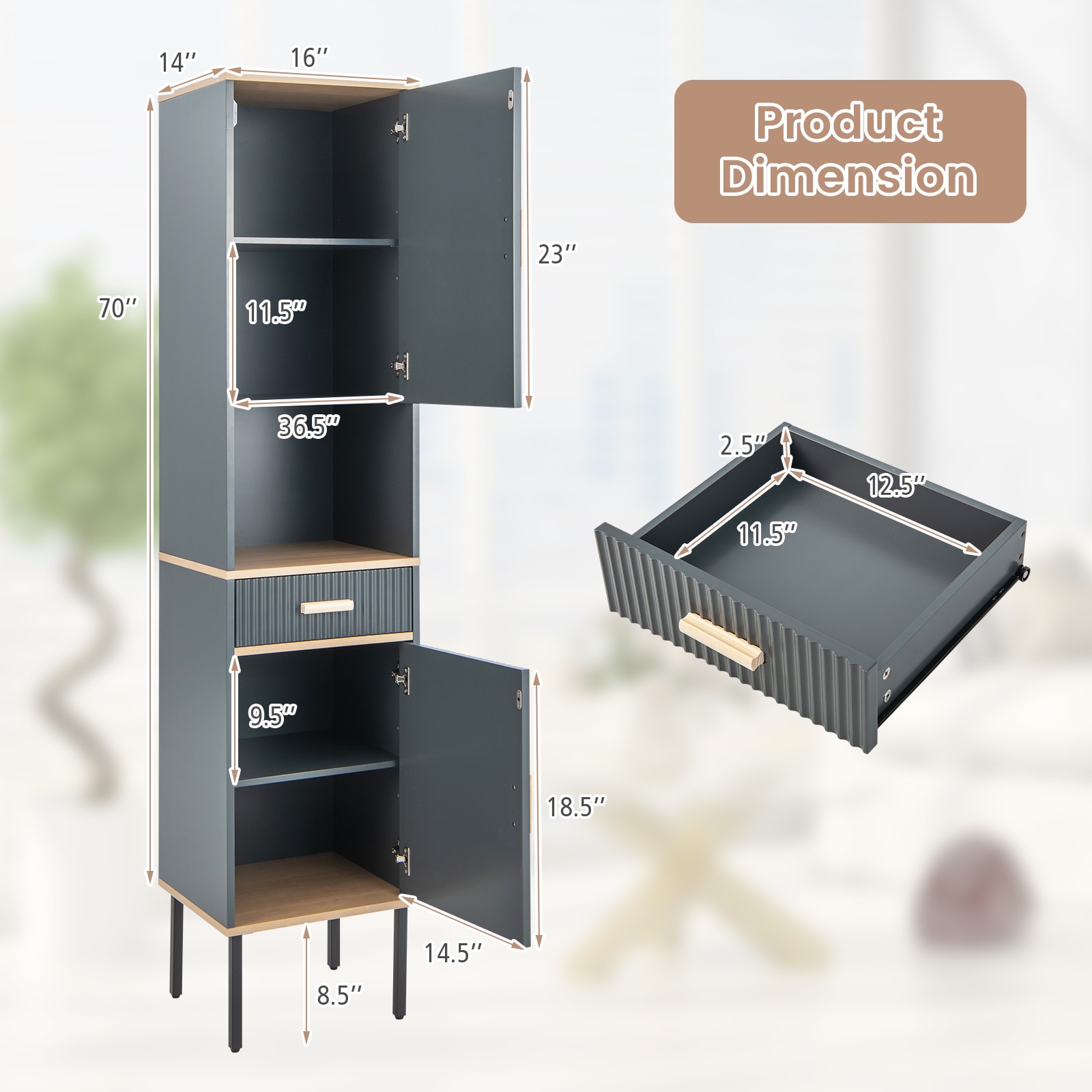 Slickblue Narrow Freestanding Storage Cabinet with 2 Doors and Open Compartment - 16x14x70 Gray Linen Cabinet for Bathroom Living Room and Kitchen - Image 4