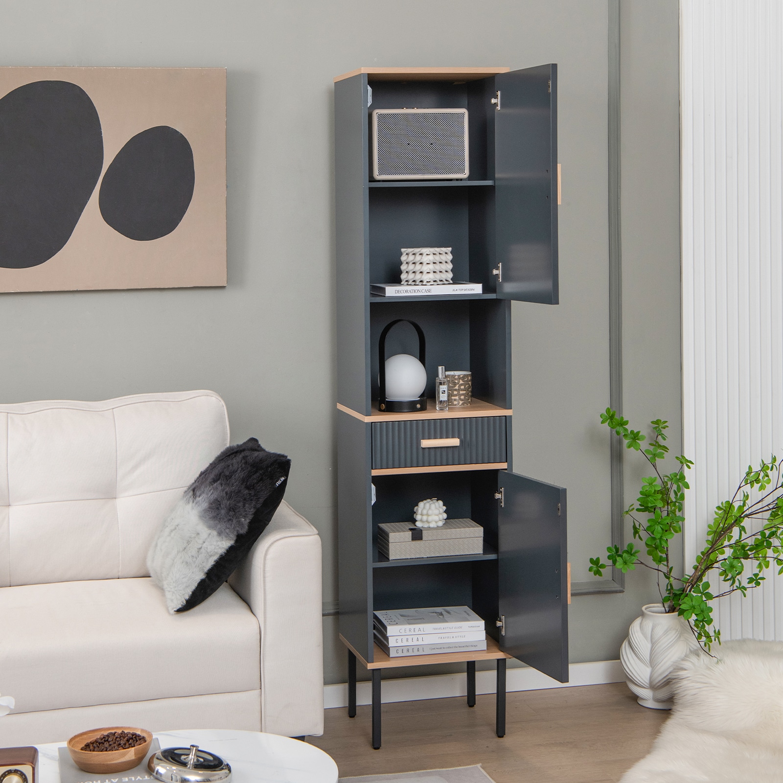 Slickblue Narrow Freestanding Storage Cabinet with 2 Doors and Open Compartment - 16x14x70 Gray Linen Cabinet for Bathroom Living Room and Kitchen - Image 3