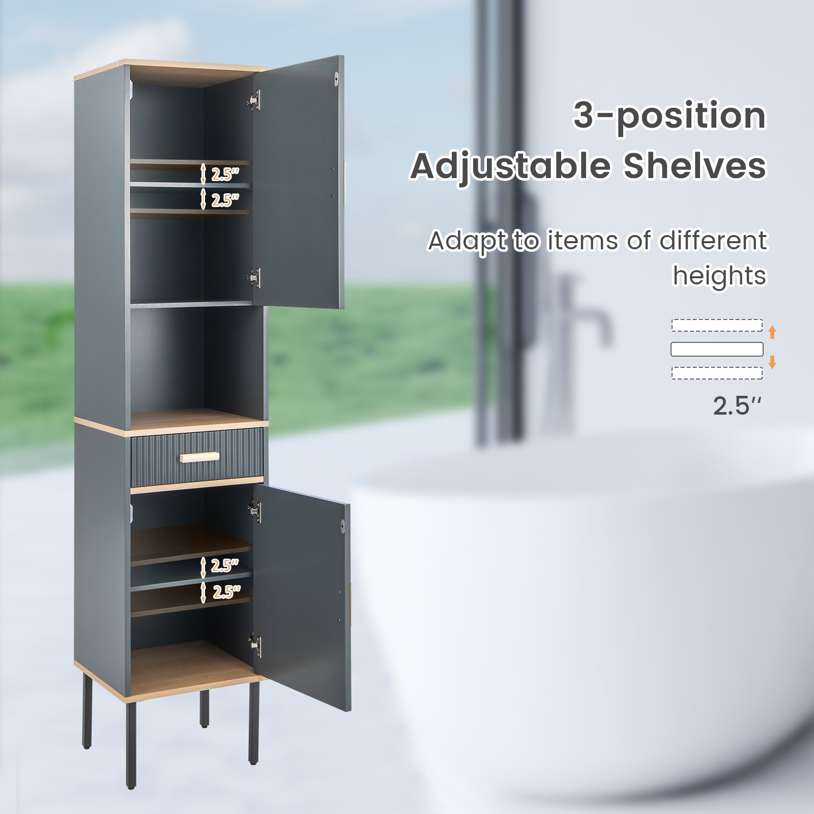 Slickblue Narrow Freestanding Storage Cabinet with 2 Doors and Open Compartment - 16x14x70 Gray Linen Cabinet for Bathroom Living Room and Kitchen - Image 8
