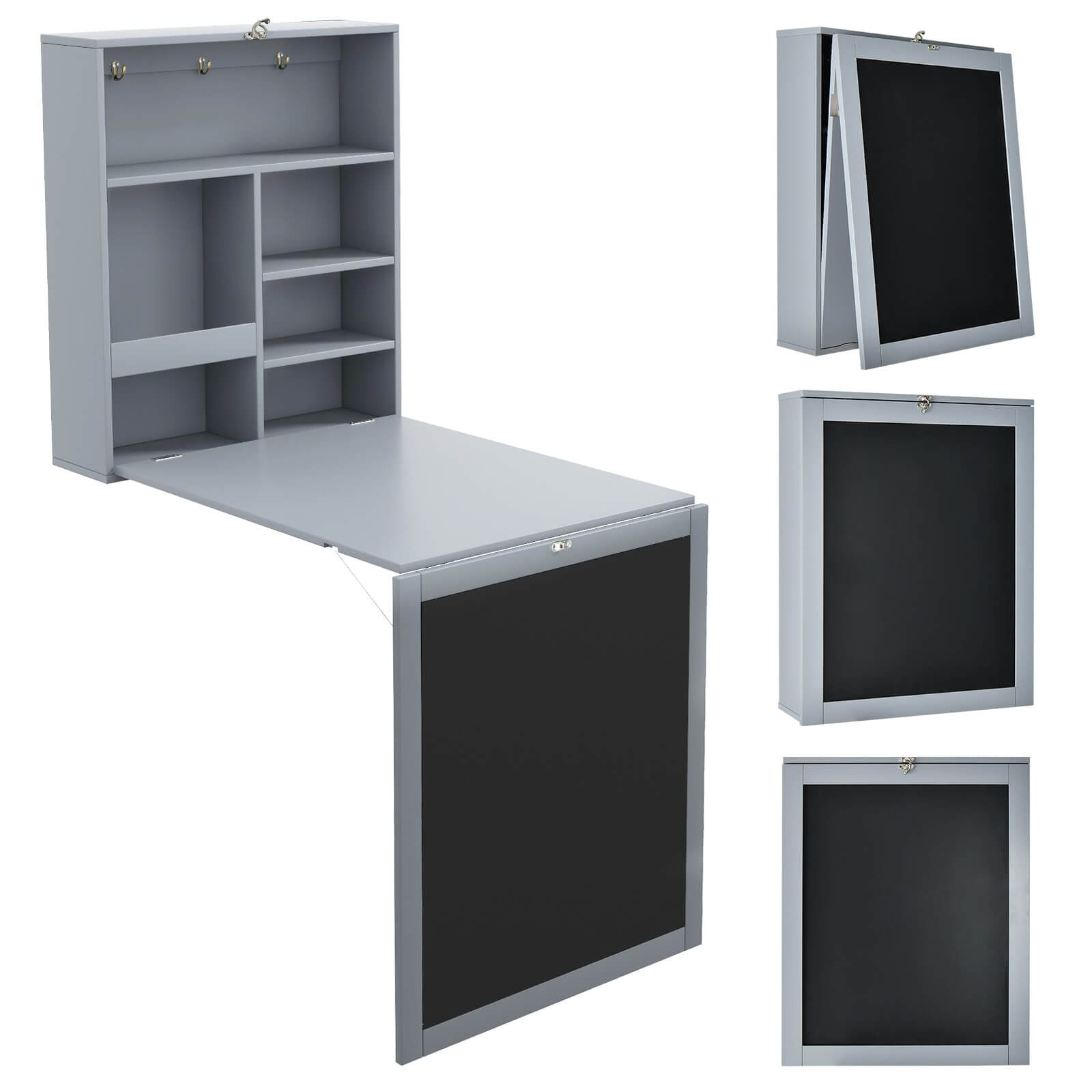 Fenbeli 44-lb Capacity Fold Down Wall Mounted Folding Desk with Storage Compartments and Blackboard Panel for Home Office and Small Spaces