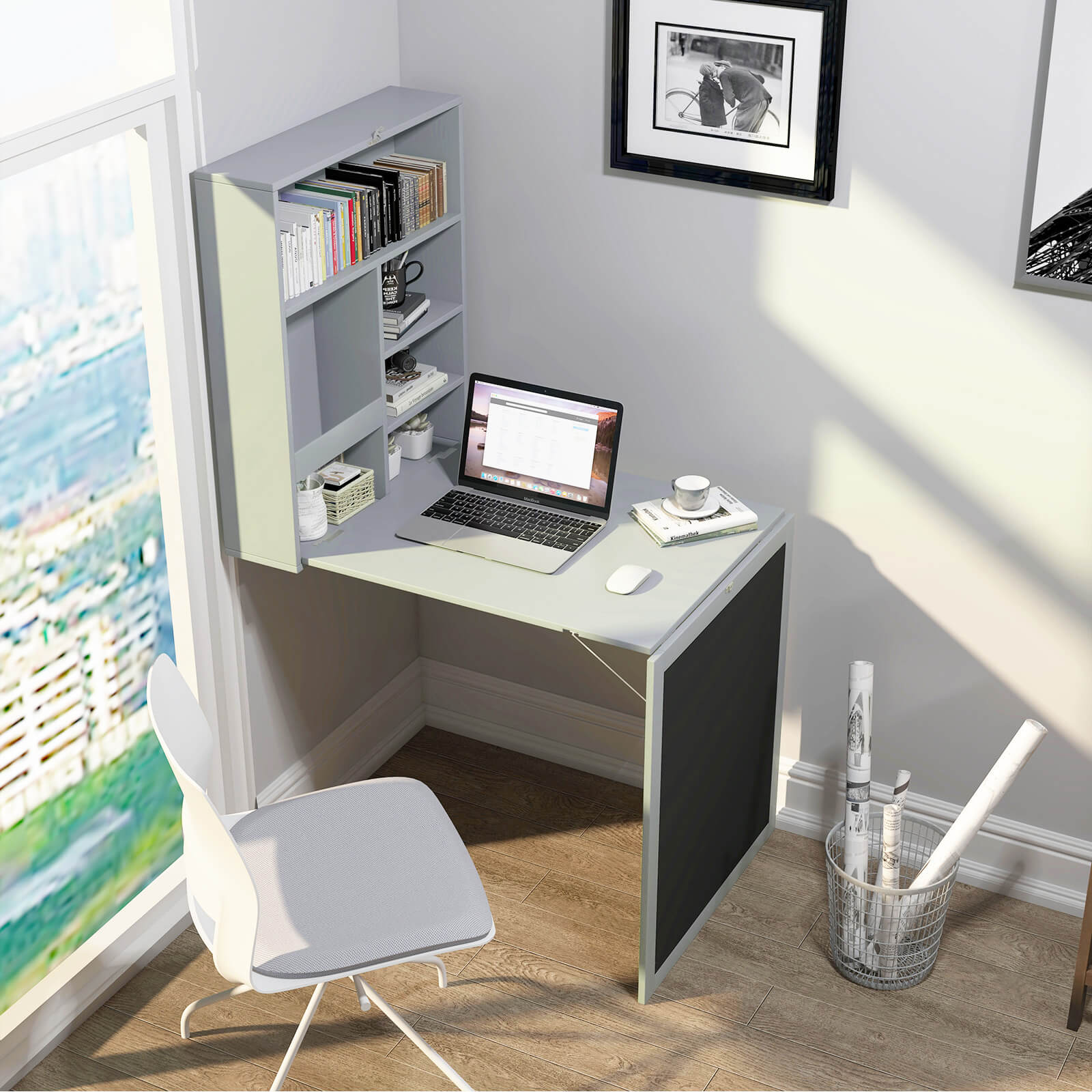 Fenbeli 44-lb Capacity Fold Down Wall Mounted Folding Desk with Storage Compartments and Blackboard Panel for Home Office and Small Spaces - Image 2