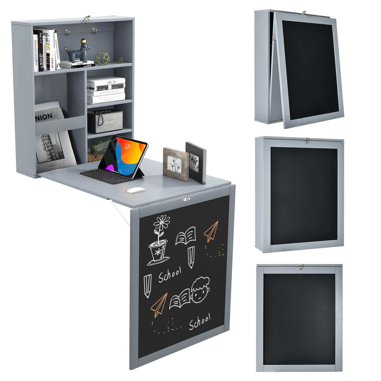Fenbeli 44-lb Capacity Fold Down Wall Mounted Folding Desk with Storage Compartments and Blackboard Panel for Home Office and Small Spaces - Image 5