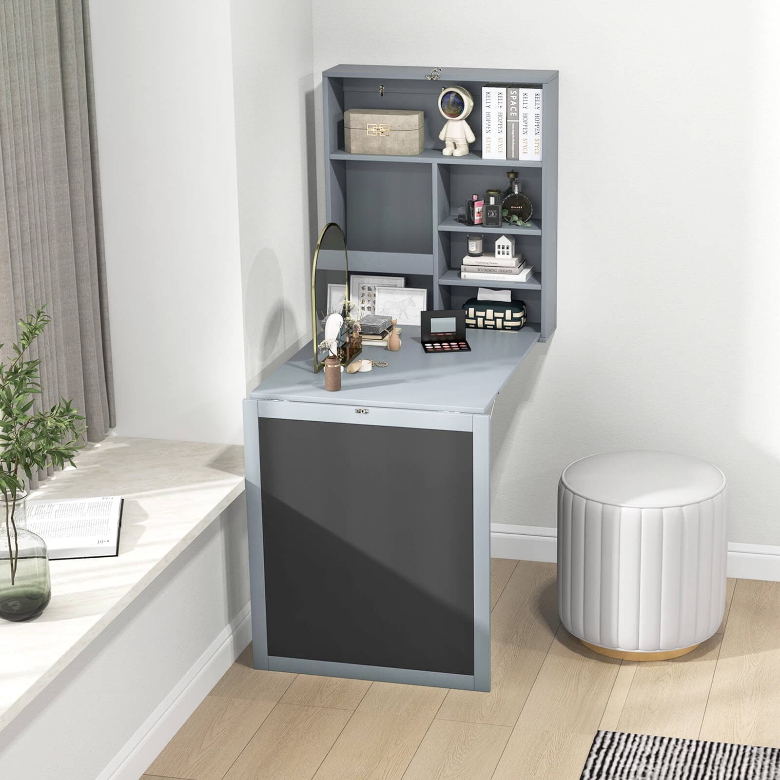 Fenbeli 44-lb Capacity Fold Down Wall Mounted Folding Desk with Storage Compartments and Blackboard Panel for Home Office and Small Spaces - Image 9