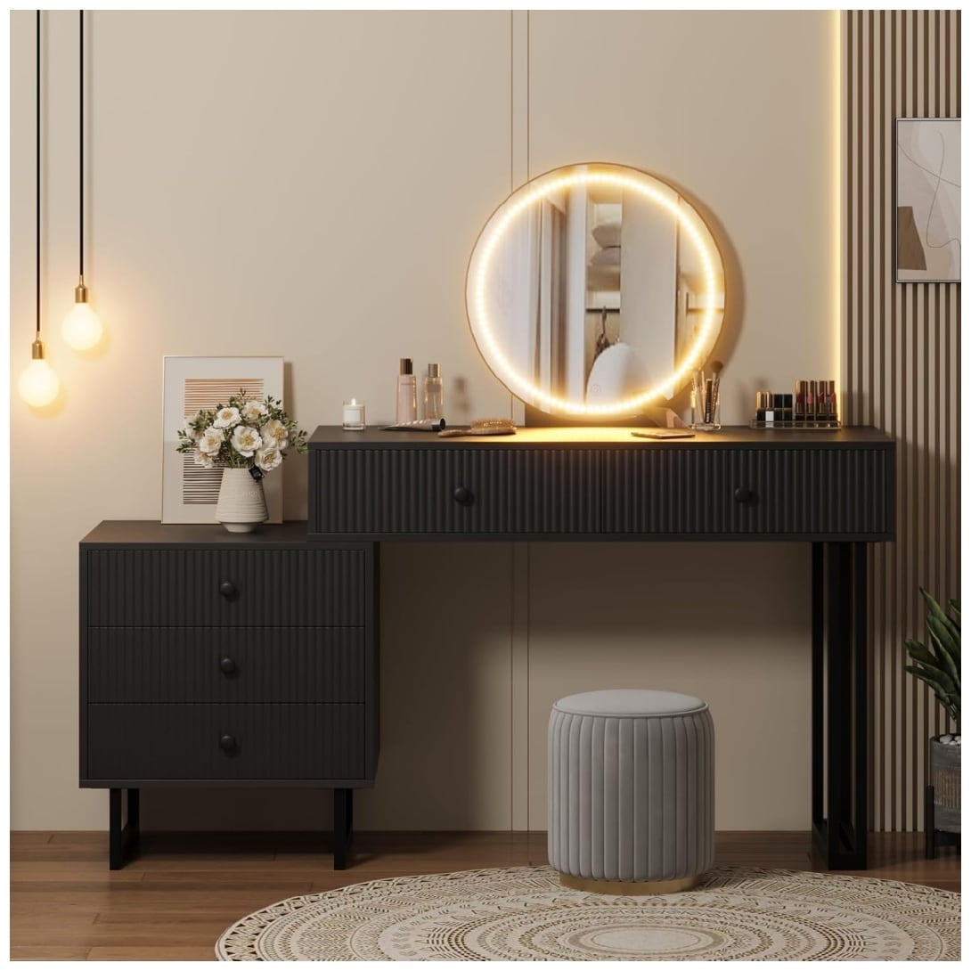 Garvee Black Vanity Desk with Mirror and Lights Makeup Vanity with 5 Drawers for Bedroom Modern Makeup Vanity Organizer with 3 Color Lights and Adjustable Brightness - Image 2