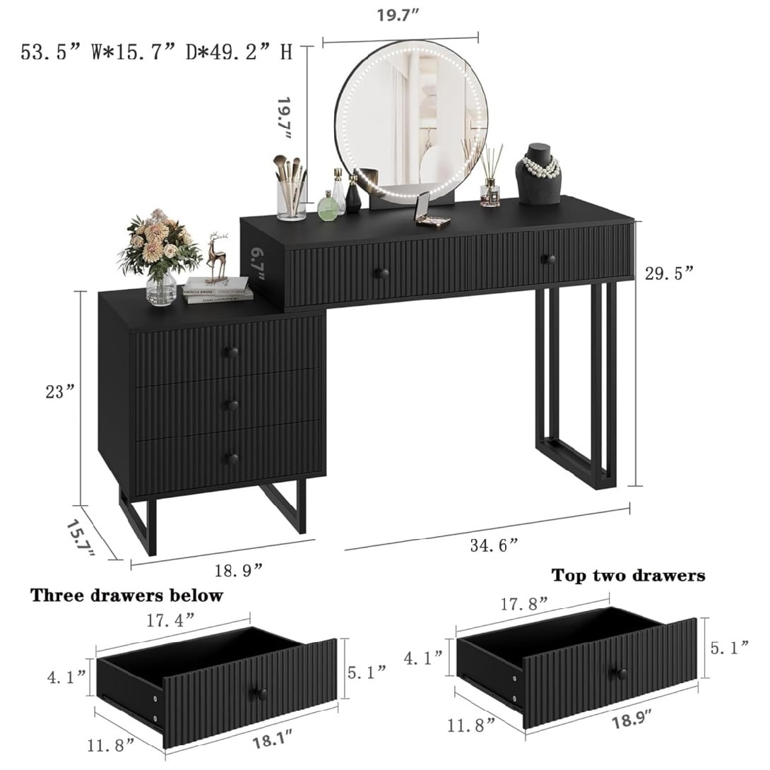 Garvee Black Vanity Desk with Mirror and Lights Makeup Vanity with 5 Drawers for Bedroom Modern Makeup Vanity Organizer with 3 Color Lights and Adjustable Brightness - Image 4