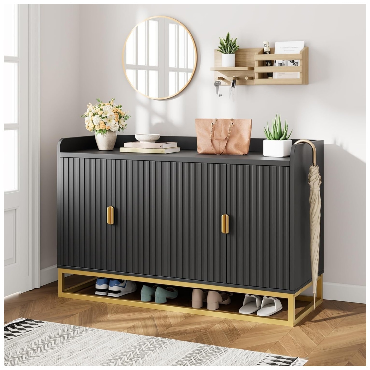 Garvee Buffet Cabinet with Storage Accent Sideboard with 4 Doors Wide Fluted Credenza Modern Buffet Table Media Console Cabinet Entryway Cabinets for Living Room Kitchen Dining Room Hallway - Image 3