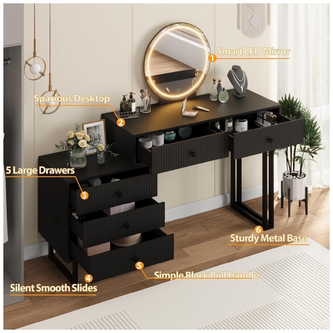 Garvee Black Vanity Desk with Mirror and Lights Makeup Vanity with 5 Drawers for Bedroom Modern Makeup Vanity Organizer with 3 Color Lights and Adjustable Brightness - Image 5