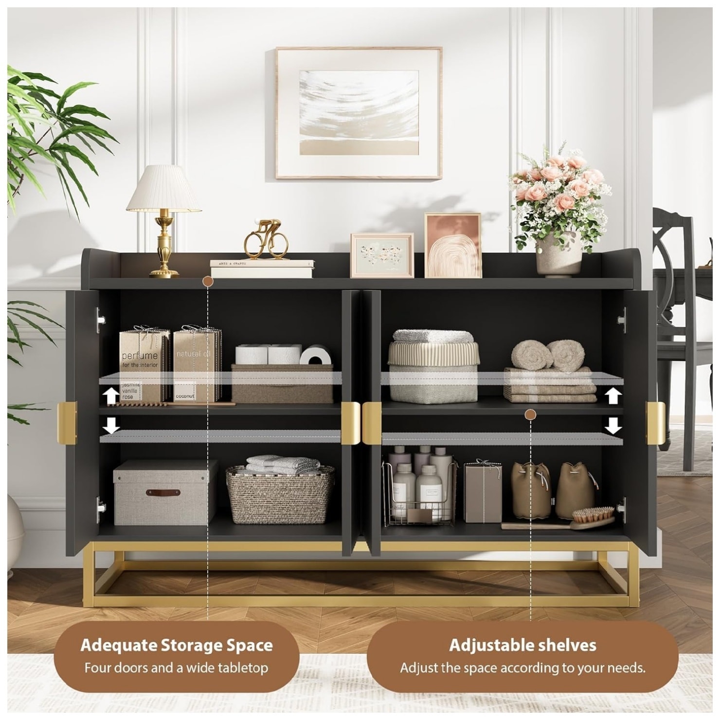 Garvee Buffet Cabinet with Storage Accent Sideboard with 4 Doors Wide Fluted Credenza Modern Buffet Table Media Console Cabinet Entryway Cabinets for Living Room Kitchen Dining Room Hallway - Image 5