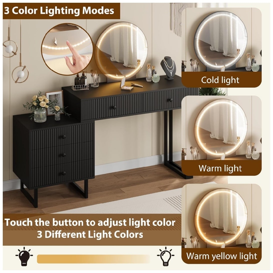 Garvee Black Vanity Desk with Mirror and Lights Makeup Vanity with 5 Drawers for Bedroom Modern Makeup Vanity Organizer with 3 Color Lights and Adjustable Brightness - Image 3