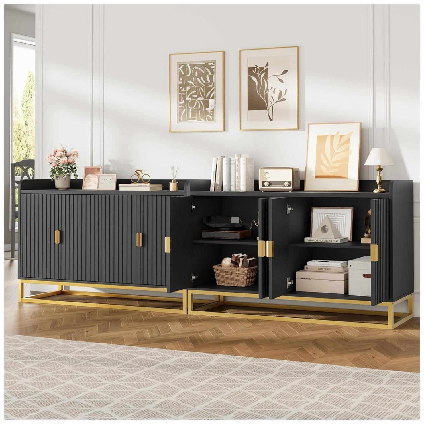 Garvee Buffet Cabinet with Storage Accent Sideboard with 4 Doors Wide Fluted Credenza Modern Buffet Table Media Console Cabinet Entryway Cabinets for Living Room Kitchen Dining Room Hallway - Image 6