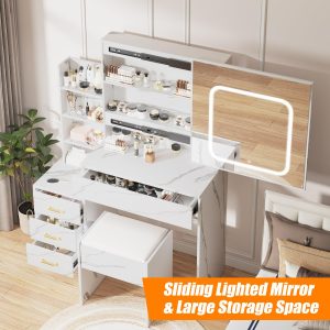 Garvee Vanity Desk With Sliding Mirror And LED Lights Makeup Dressing Table With Four Drawers Storage Shelves Power Outlet And Stool Three Color Adjustable Light For Bedroom Use