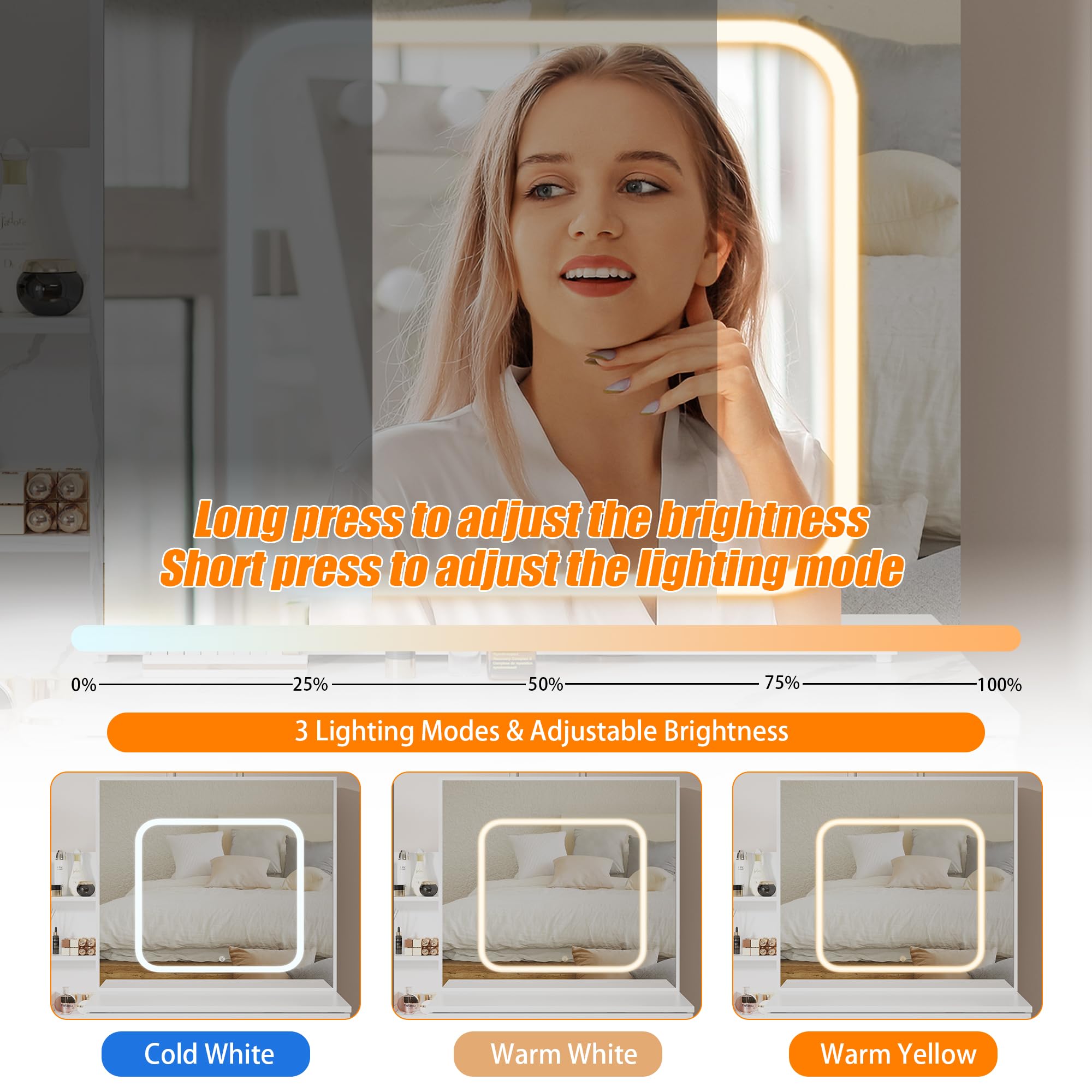 Garvee Vanity Desk With Sliding Mirror And LED Lights Makeup Dressing Table With Four Drawers Storage Shelves Power Outlet And Stool Three Color Adjustable Light For Bedroom Use - Image 2