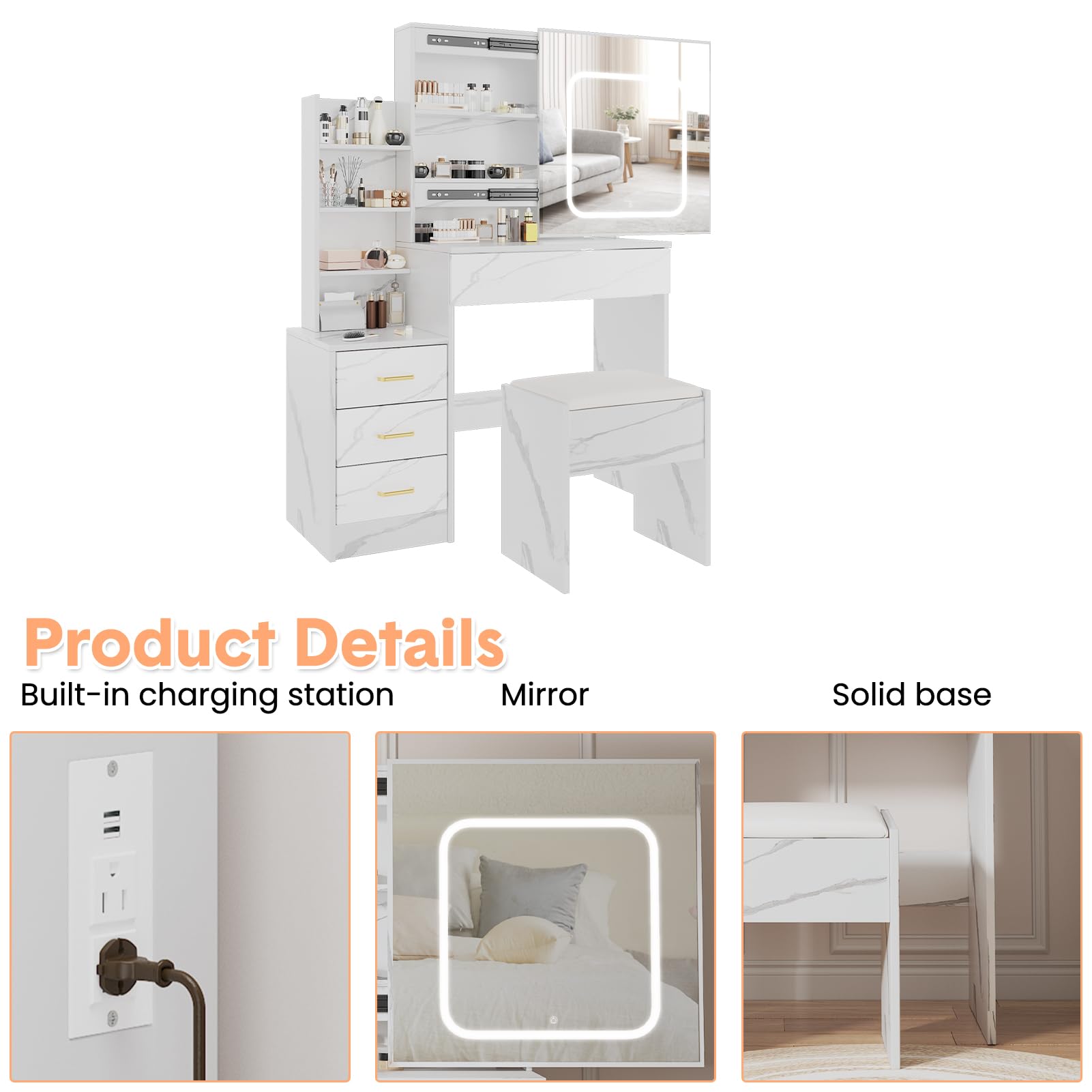 Garvee Vanity Desk With Sliding Mirror And LED Lights Makeup Dressing Table With Four Drawers Storage Shelves Power Outlet And Stool Three Color Adjustable Light For Bedroom Use - Image 6