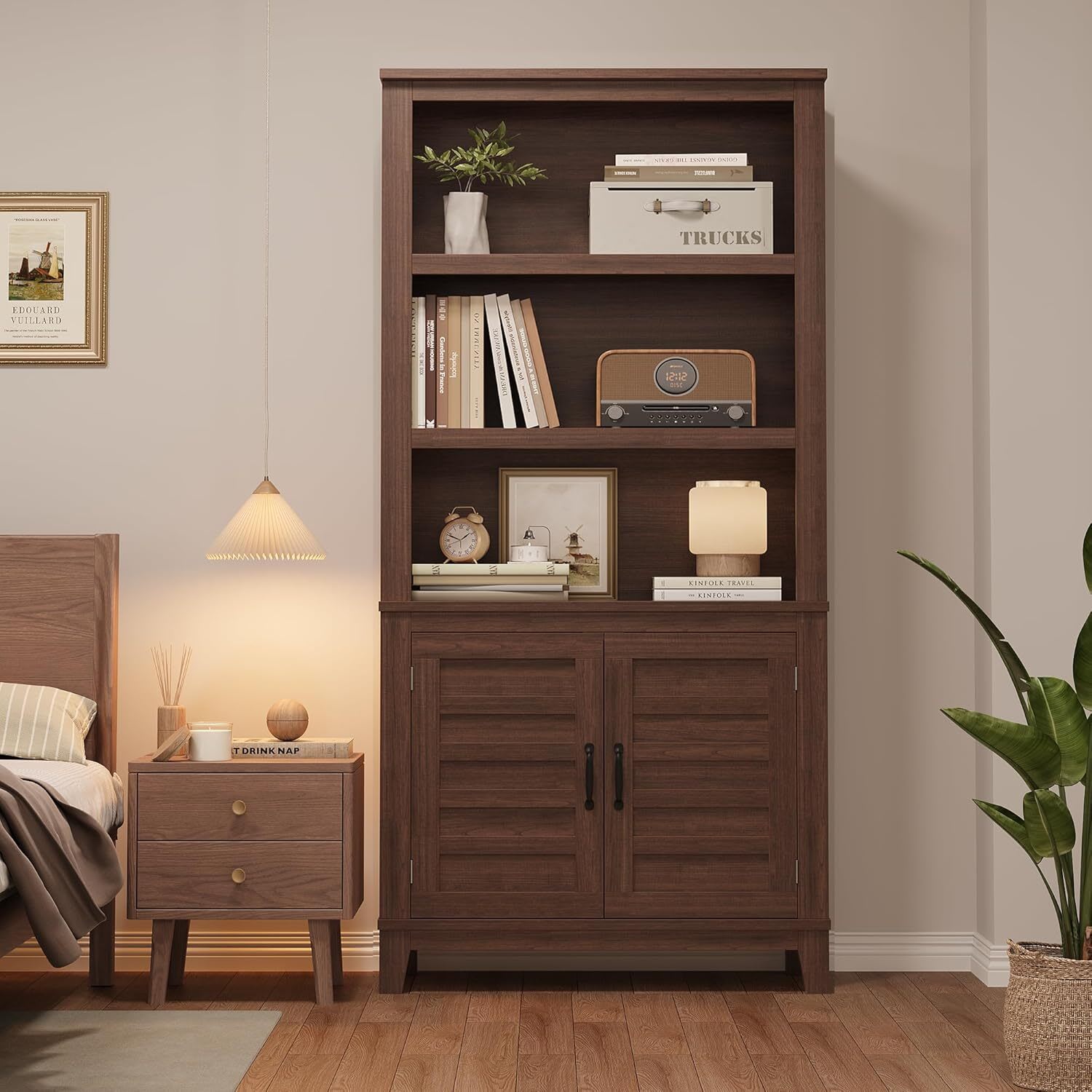 Garvee 71in Farmhouse Tall Bookcase 5 Tier Bookshelf with Doors And Adjustable Shelf Wooden Display Cabinet Narrow Storage Cabinet Accent Furniture Living Room Office Library - Image 7