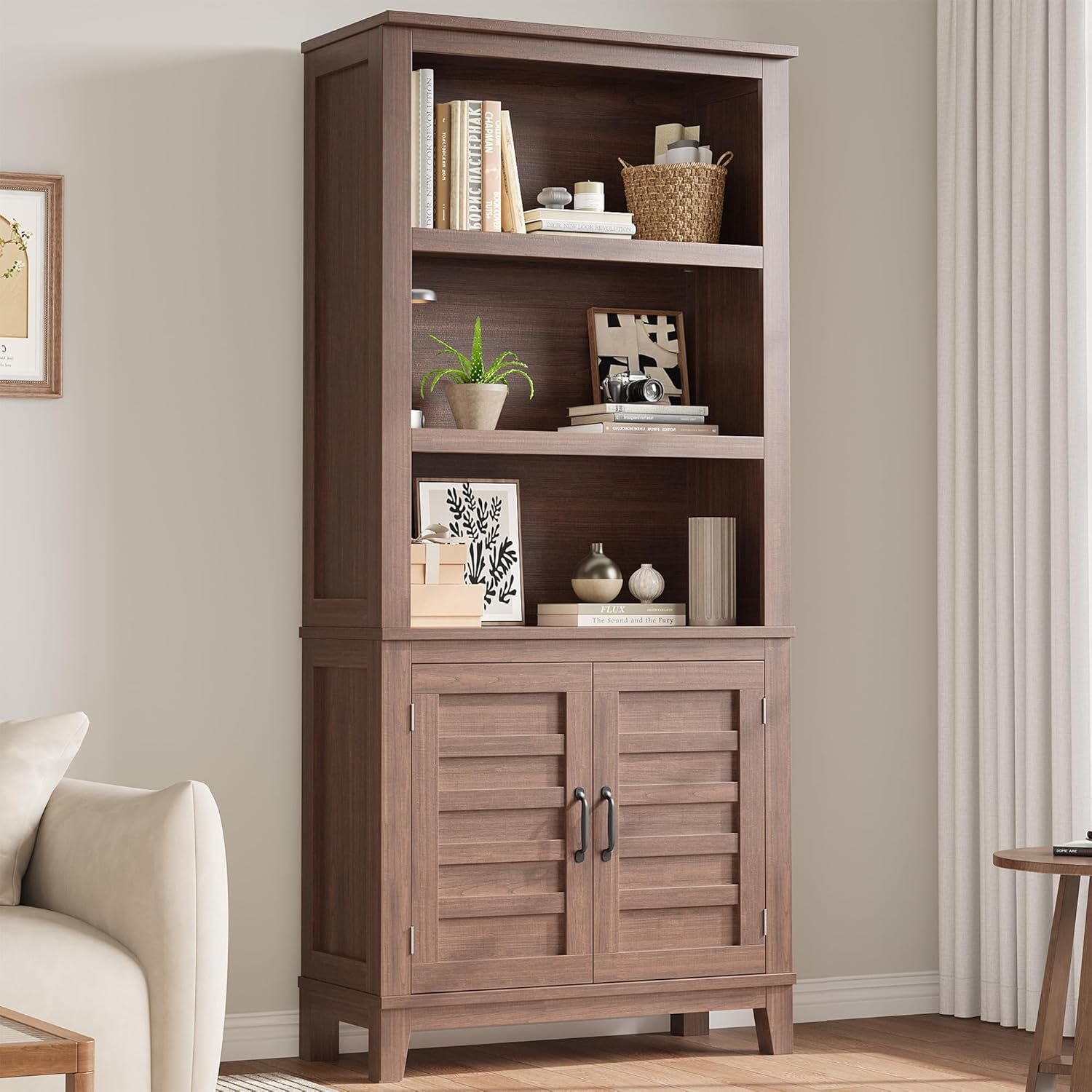 Garvee 71in Farmhouse Tall Bookcase 5 Tier Bookshelf with Doors And Adjustable Shelf Wooden Display Cabinet Narrow Storage Cabinet Accent Furniture Living Room Office Library - Image 6