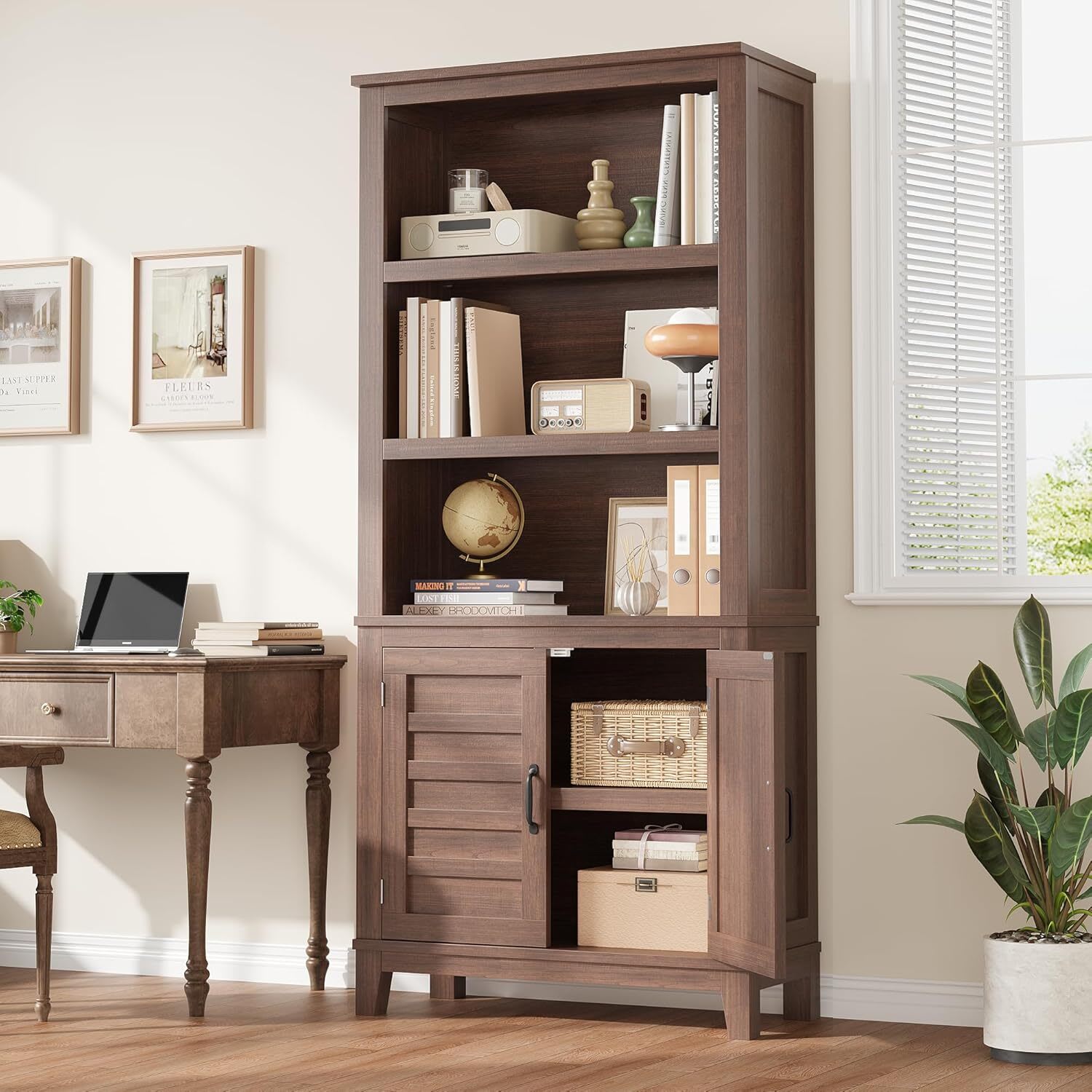 Garvee 71in Farmhouse Tall Bookcase 5 Tier Bookshelf with Doors And Adjustable Shelf Wooden Display Cabinet Narrow Storage Cabinet Accent Furniture Living Room Office Library