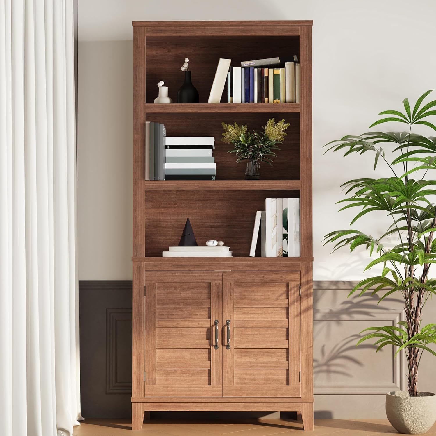 Garvee 71in Farmhouse Tall Bookcase 5 Tier Bookshelf with Doors And Adjustable Shelf Wooden Display Cabinet Narrow Storage Cabinet Accent Furniture Living Room Office Library - Image 5