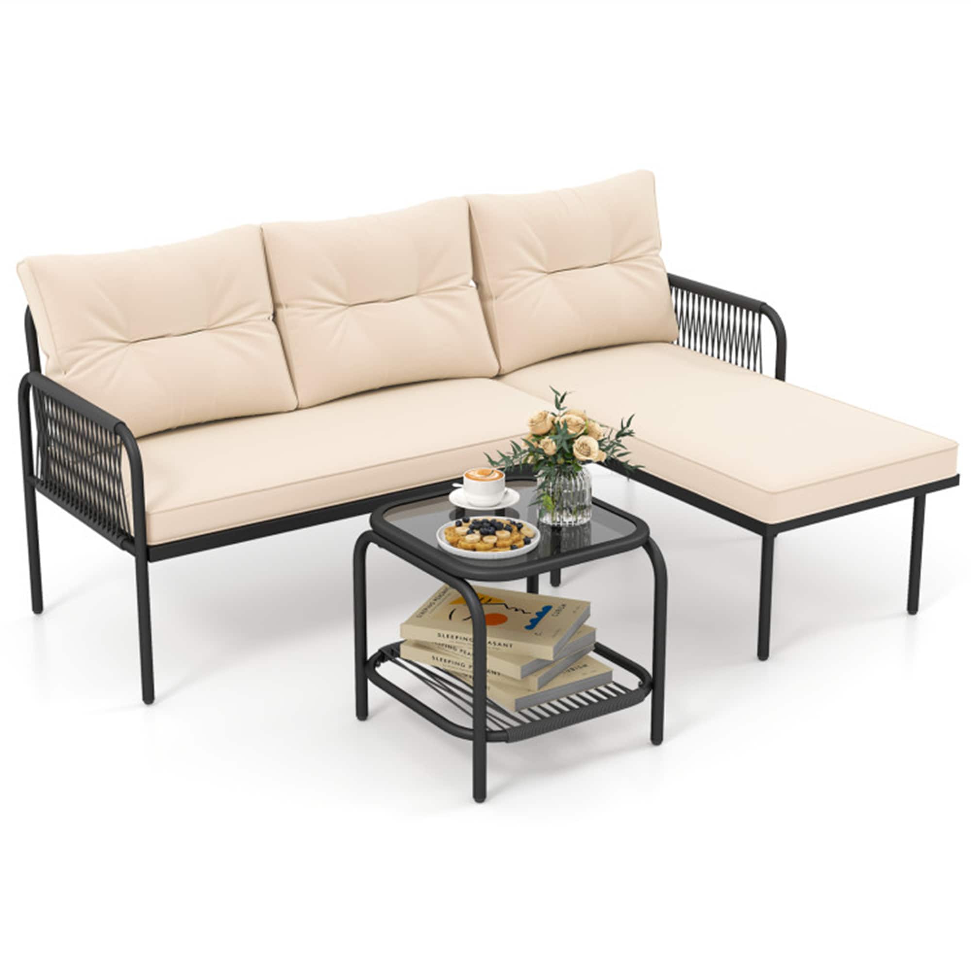 BABOOM L Shaped Patio Furniture Set 3 -Piece Rattan Beige Patio Conversation Set - Image 2