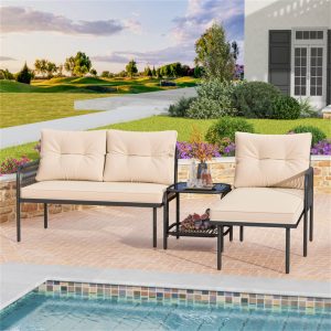 BABOOM L Shaped Patio Furniture Set 3 -Piece Rattan Beige Patio Conversation Set