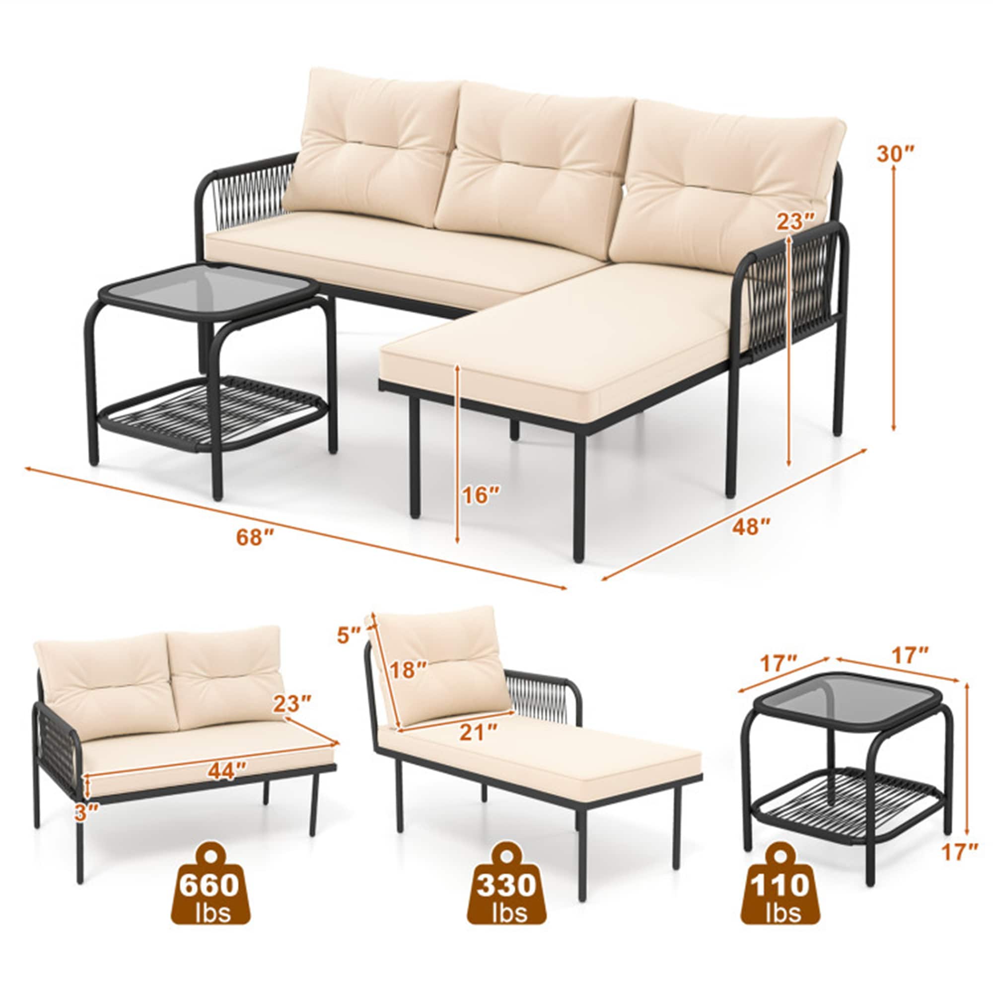 BABOOM L Shaped Patio Furniture Set 3 -Piece Rattan Beige Patio Conversation Set - Image 5