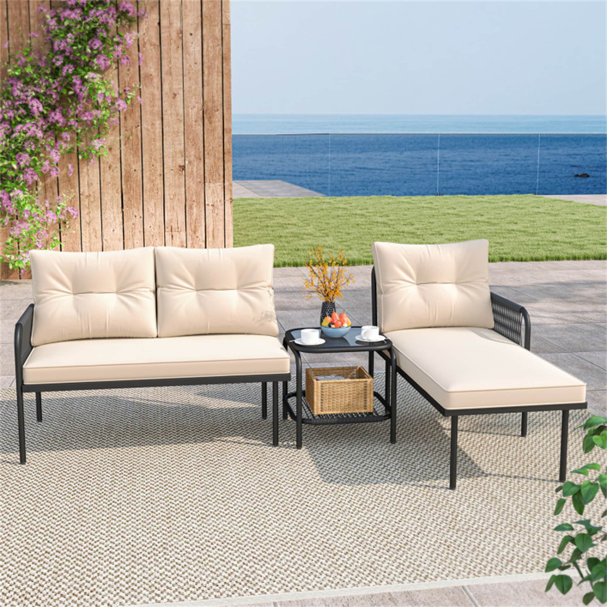 BABOOM L Shaped Patio Furniture Set 3 -Piece Rattan Beige Patio Conversation Set - Image 3