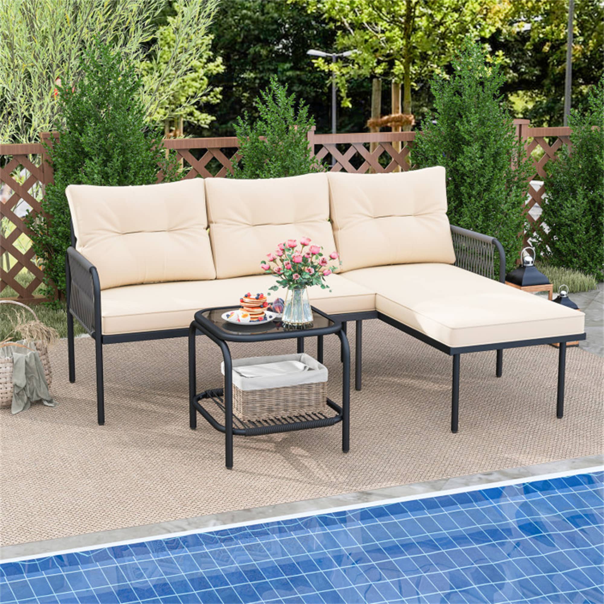 BABOOM L Shaped Patio Furniture Set 3 -Piece Rattan Beige Patio Conversation Set - Image 4