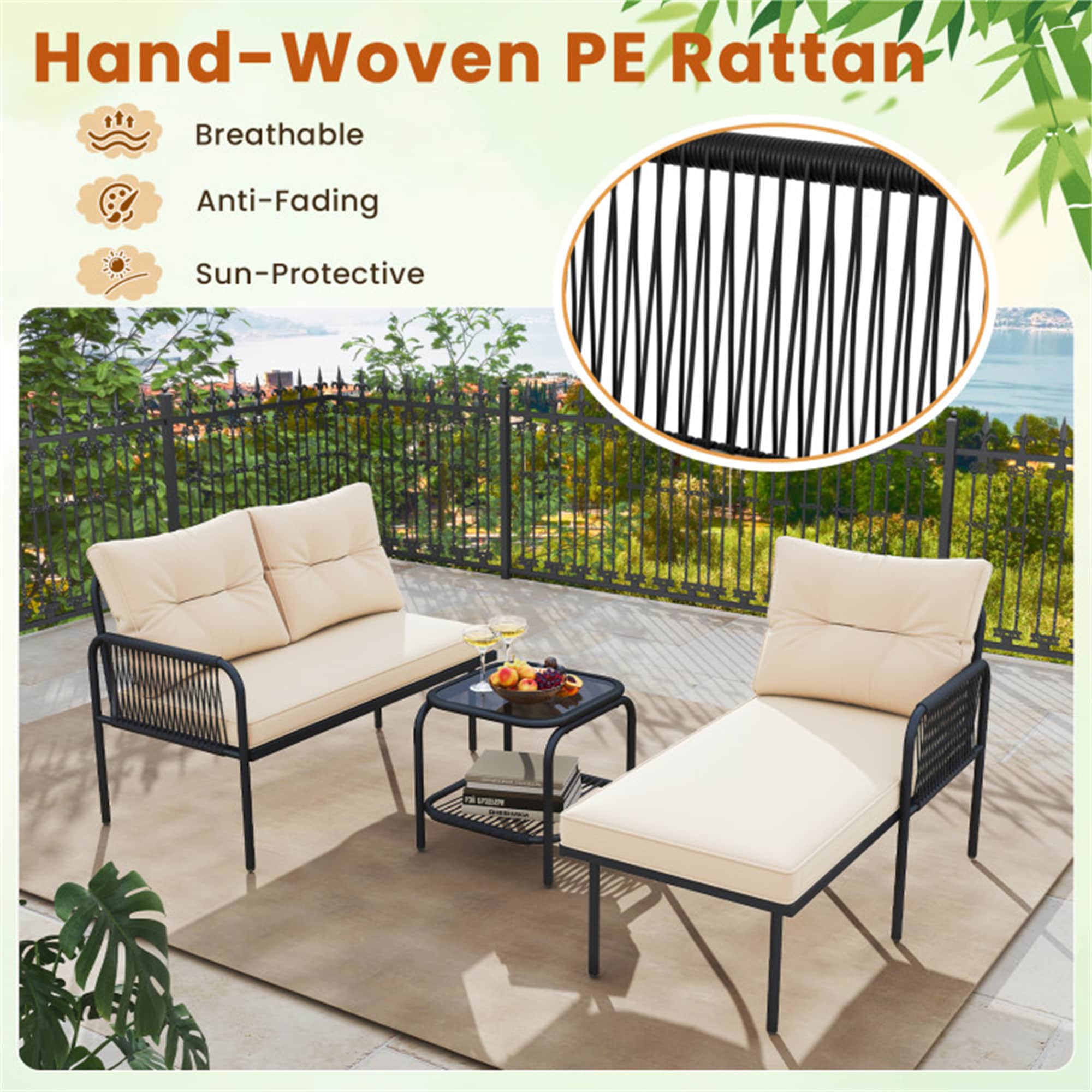 BABOOM L Shaped Patio Furniture Set 3 -Piece Rattan Beige Patio Conversation Set - Image 6