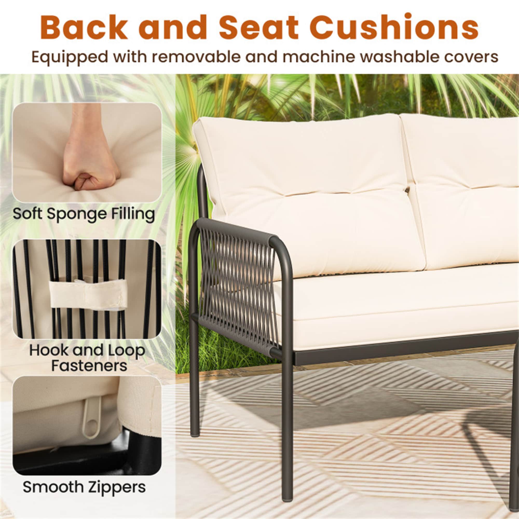 BABOOM L Shaped Patio Furniture Set 3 -Piece Rattan Beige Patio Conversation Set - Image 9