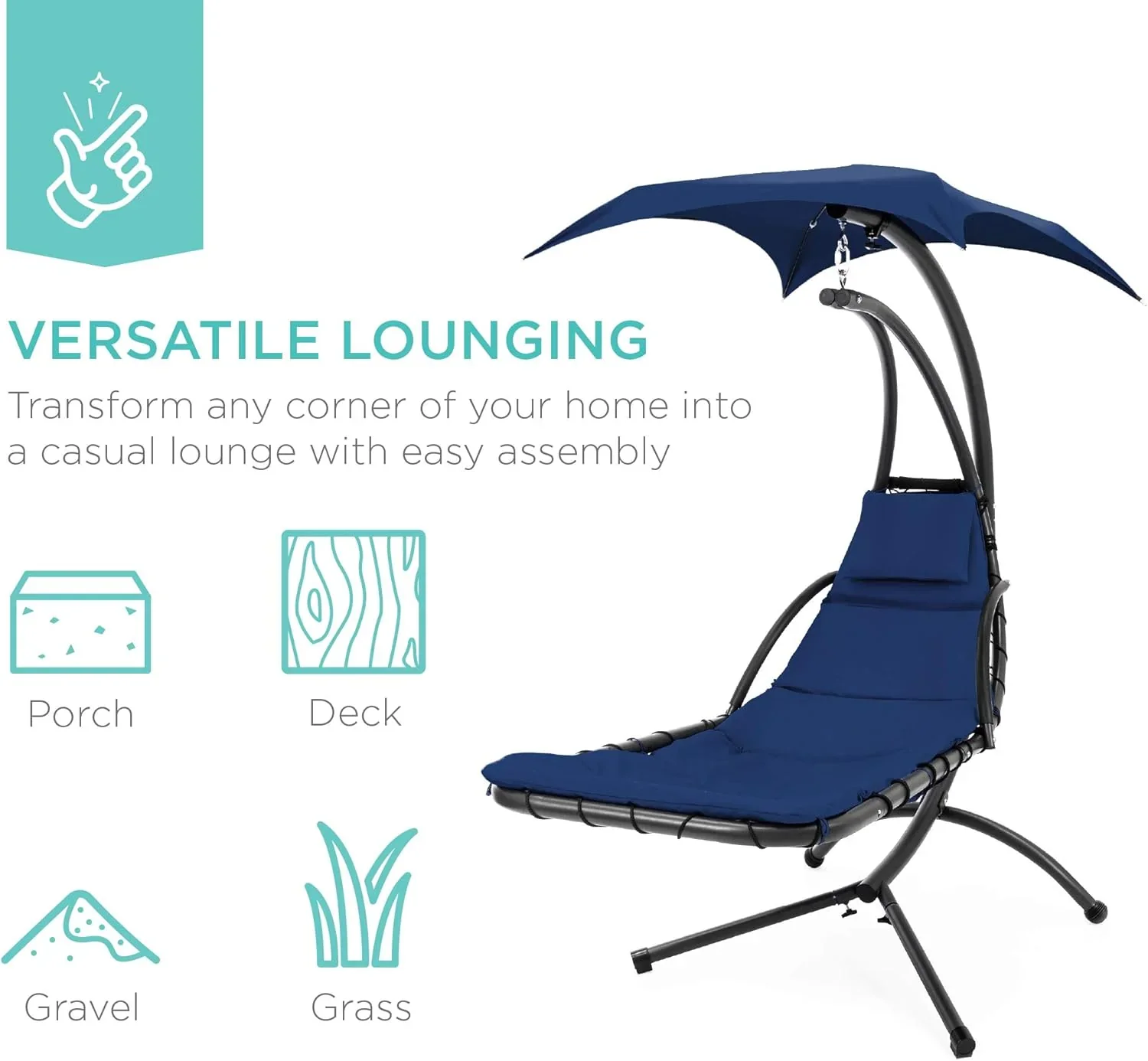 Best Choice Products Outdoor Hanging Curved Steel Chaise Lounge Chair Swing w/Built-in Pillow and Removable Canopy - Charcoal Gray - Image 42