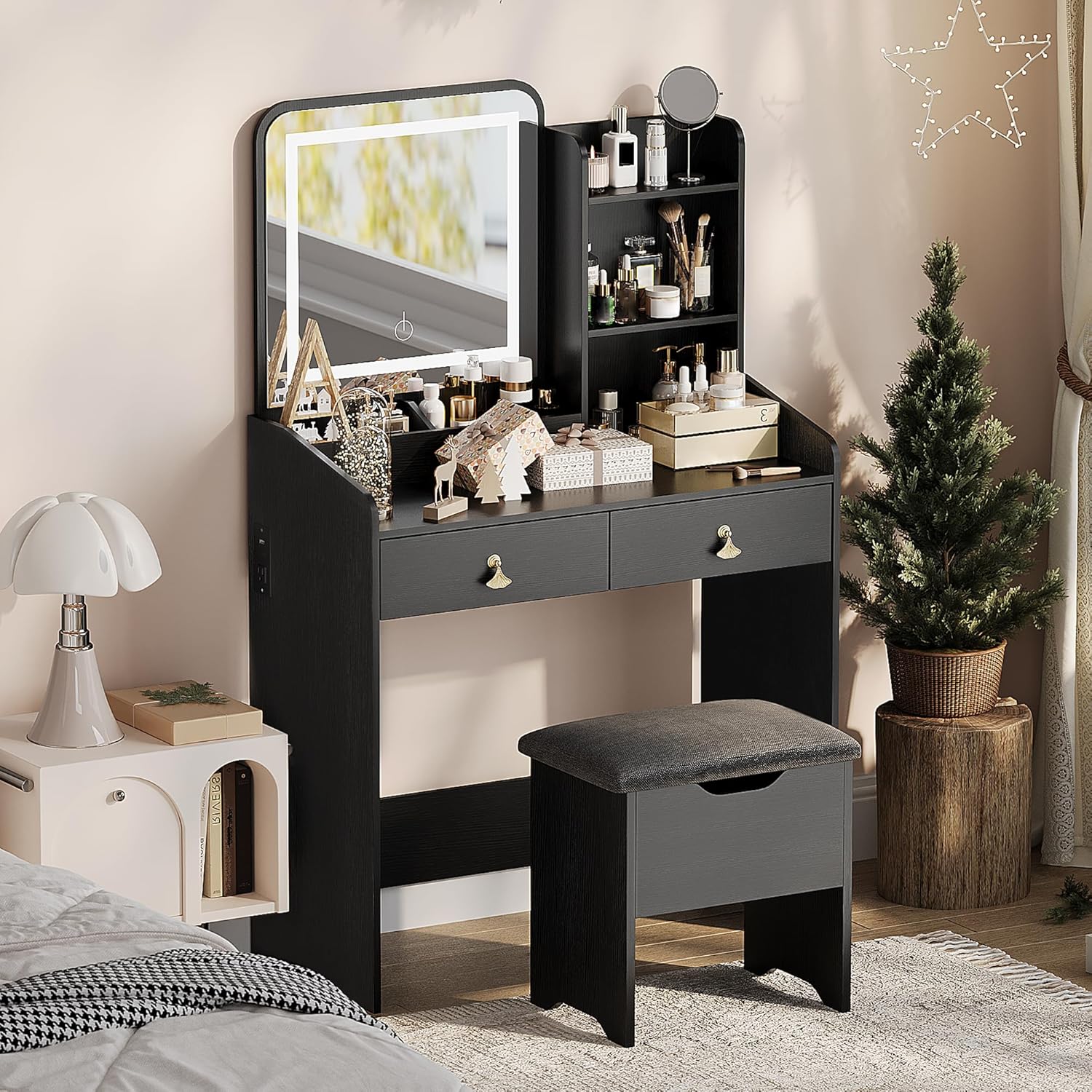 Garvee Black Vanity Desk with LED Light Mirror and Storage Stool - Small Led Vanity with Chair - Small Makeup Vanities Set for Girls and Women