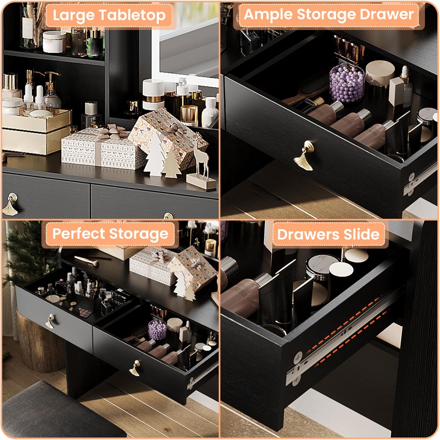 Garvee Black Vanity Desk with LED Light Mirror and Storage Stool - Small Led Vanity with Chair - Small Makeup Vanities Set for Girls and Women - Image 6