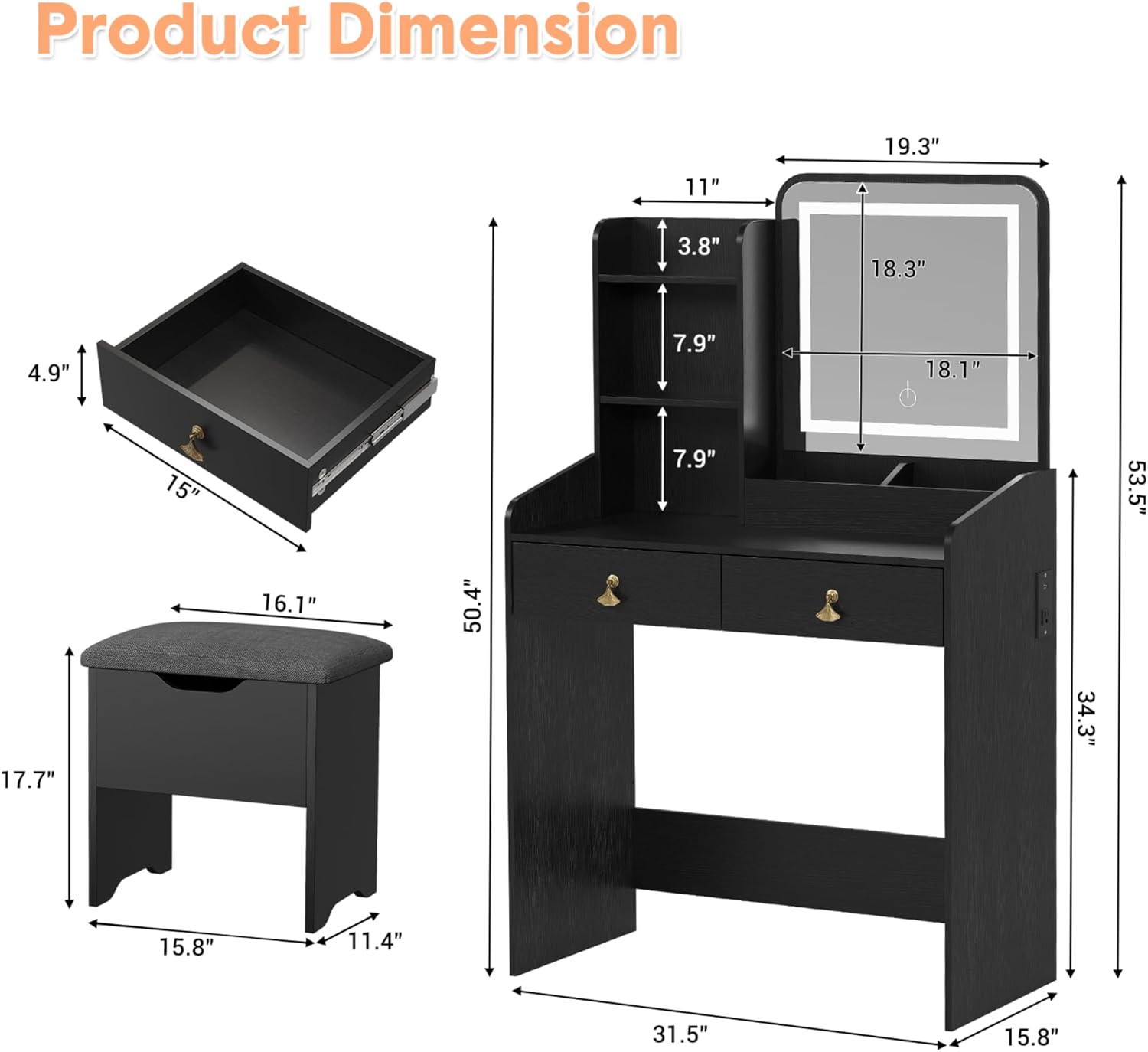 Garvee Black Vanity Desk with LED Light Mirror and Storage Stool - Small Led Vanity with Chair - Small Makeup Vanities Set for Girls and Women - Image 2