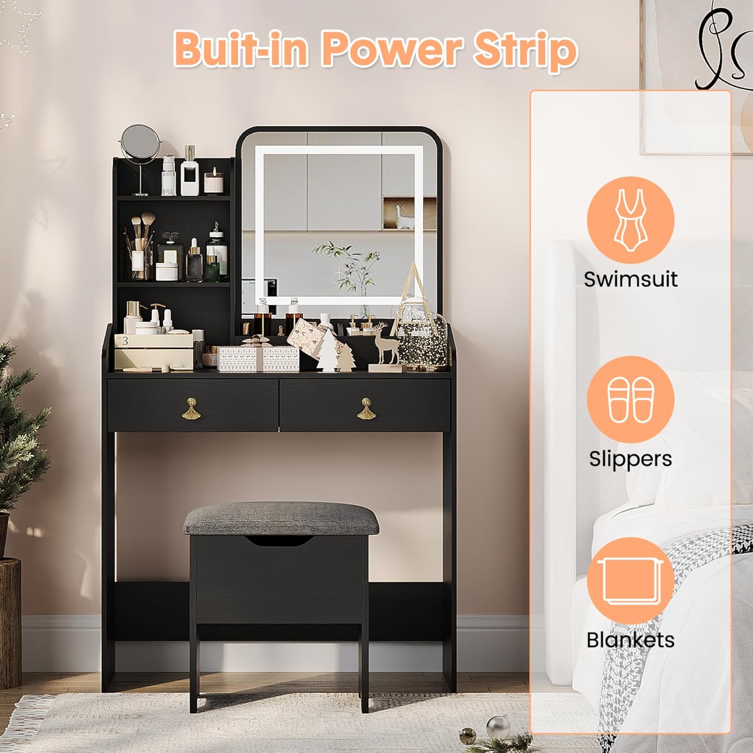 Garvee Black Vanity Desk with LED Light Mirror and Storage Stool - Small Led Vanity with Chair - Small Makeup Vanities Set for Girls and Women - Image 4