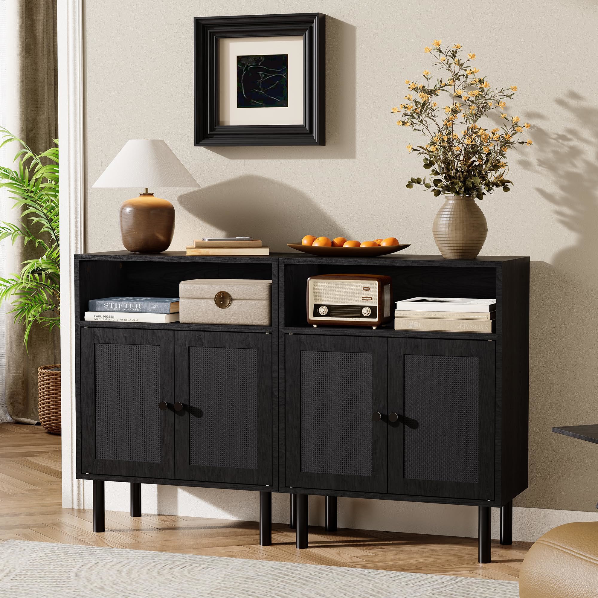 Etokfoks Rattan Storage Cabinet Black 32 in H x 11.6 in W x 23.2 in D Double Door Boho Accent Sideboard with Shelves for Hallway Kitchen Entryway 1 Piece - Image 2