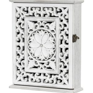 Etokfoks Wooden Key Holder for Wall 1 Piece Rustic White Key Cabinet with 6 Double Metal Hooks Decorative Key Rack for Entryway Hallway