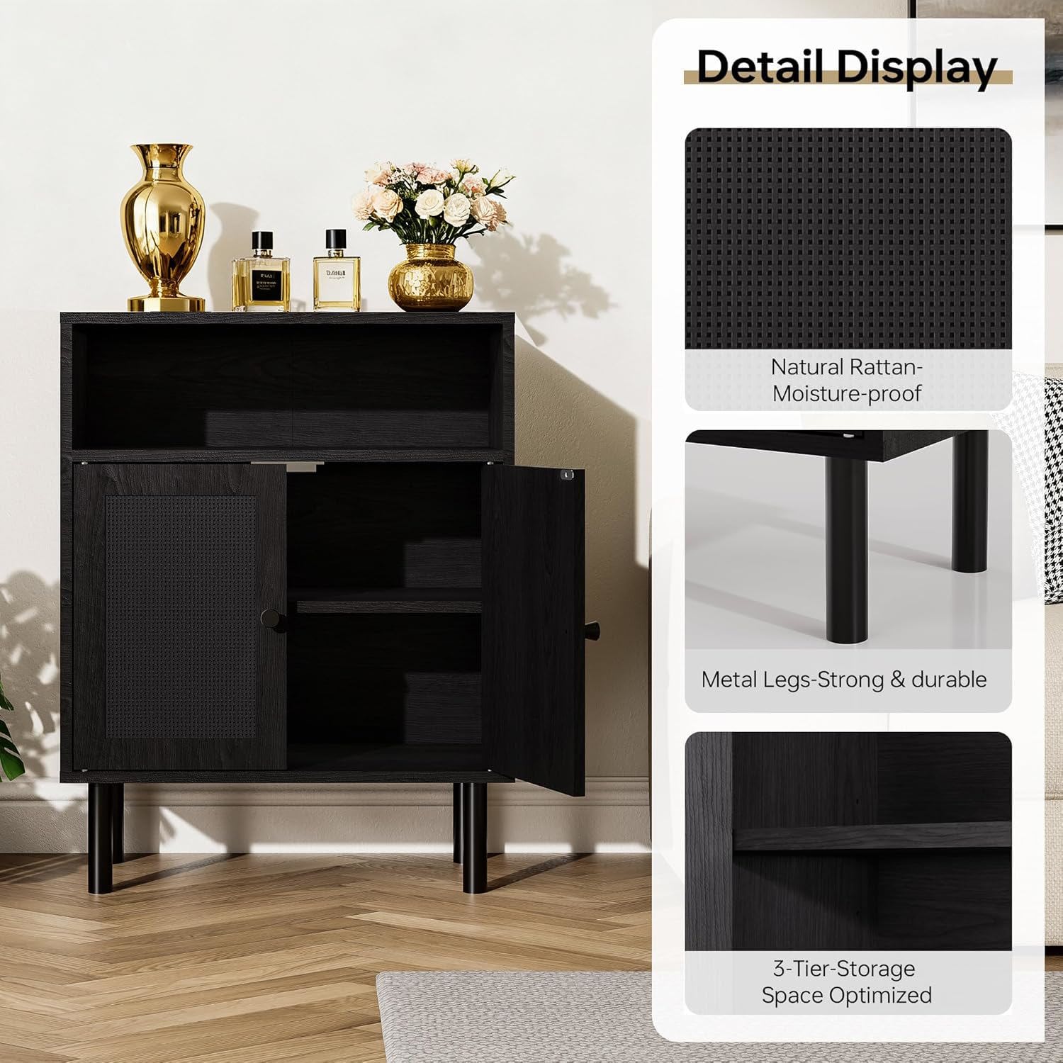 Etokfoks Rattan Storage Cabinet Black 32 in H x 11.6 in W x 23.2 in D Double Door Boho Accent Sideboard with Shelves for Hallway Kitchen Entryway 1 Piece - Image 5