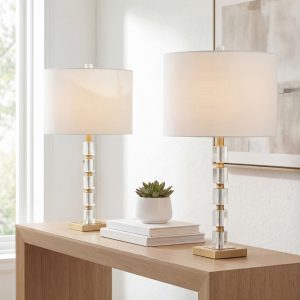 JONATHAN  Y Claire Crystal Glam 28.5-in Brass Gold LED Rotary socket Table Lamp with Linen Shade ( Set of 2 )