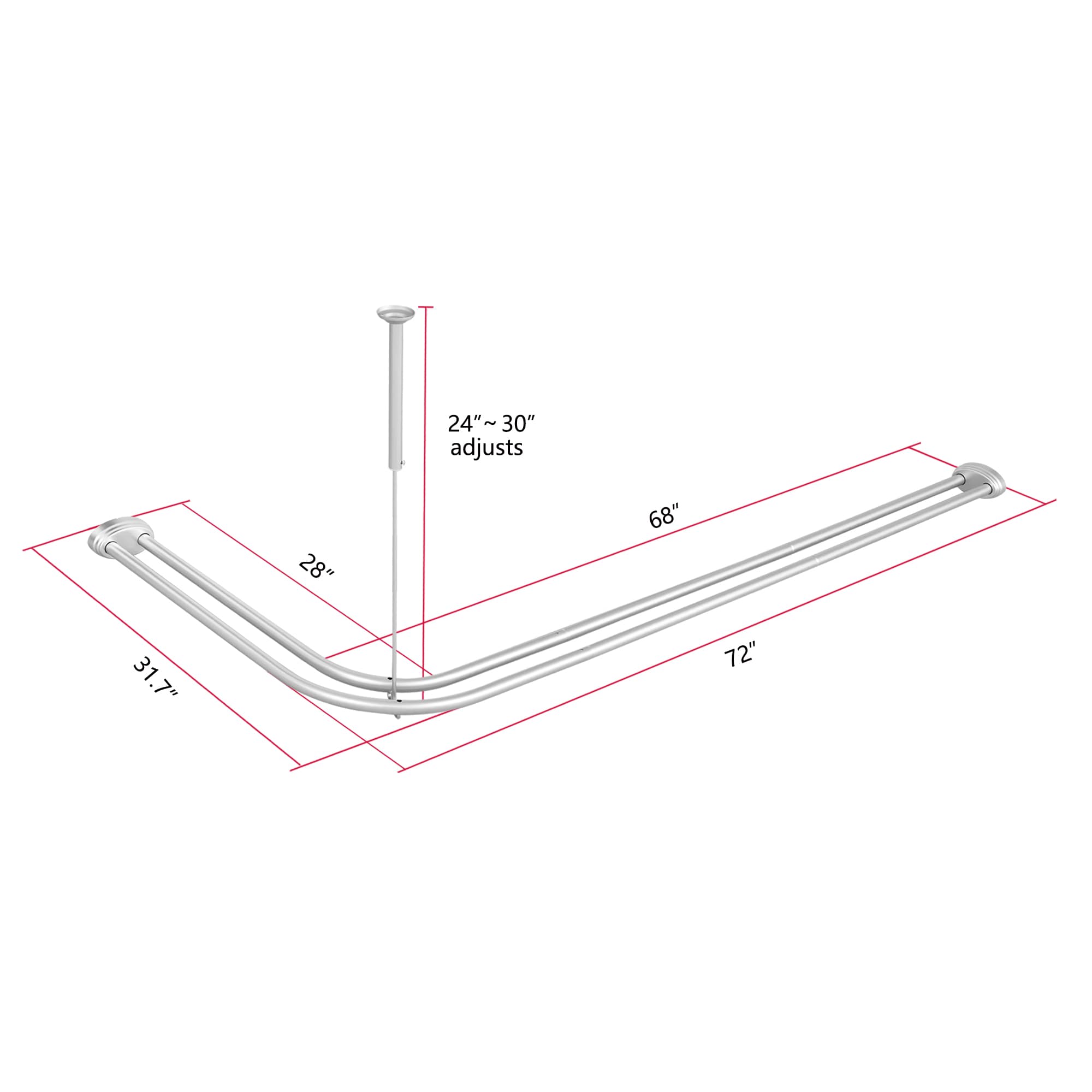 Utopia Alley Rustproof Aluminum Double L Shaped Shower Curtain Rod 72in L x 31.7in W with 24 Shower Hooks included and Ceiling Support Wall Mounted Chrome - Image 8