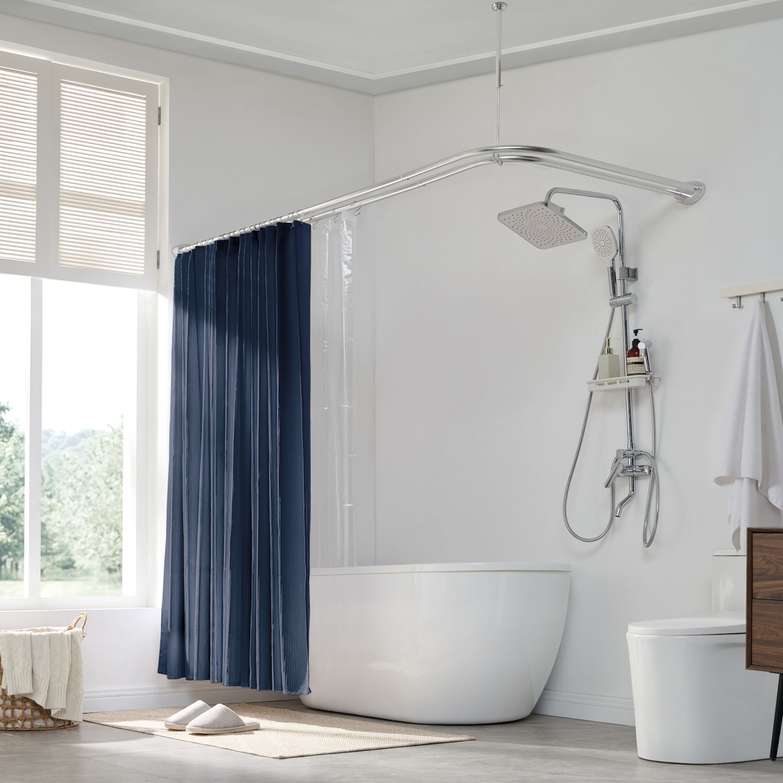 Utopia Alley Rustproof Aluminum Double L Shaped Shower Curtain Rod 72in L x 31.7in W with 24 Shower Hooks included and Ceiling Support Wall Mounted Chrome - Image 3